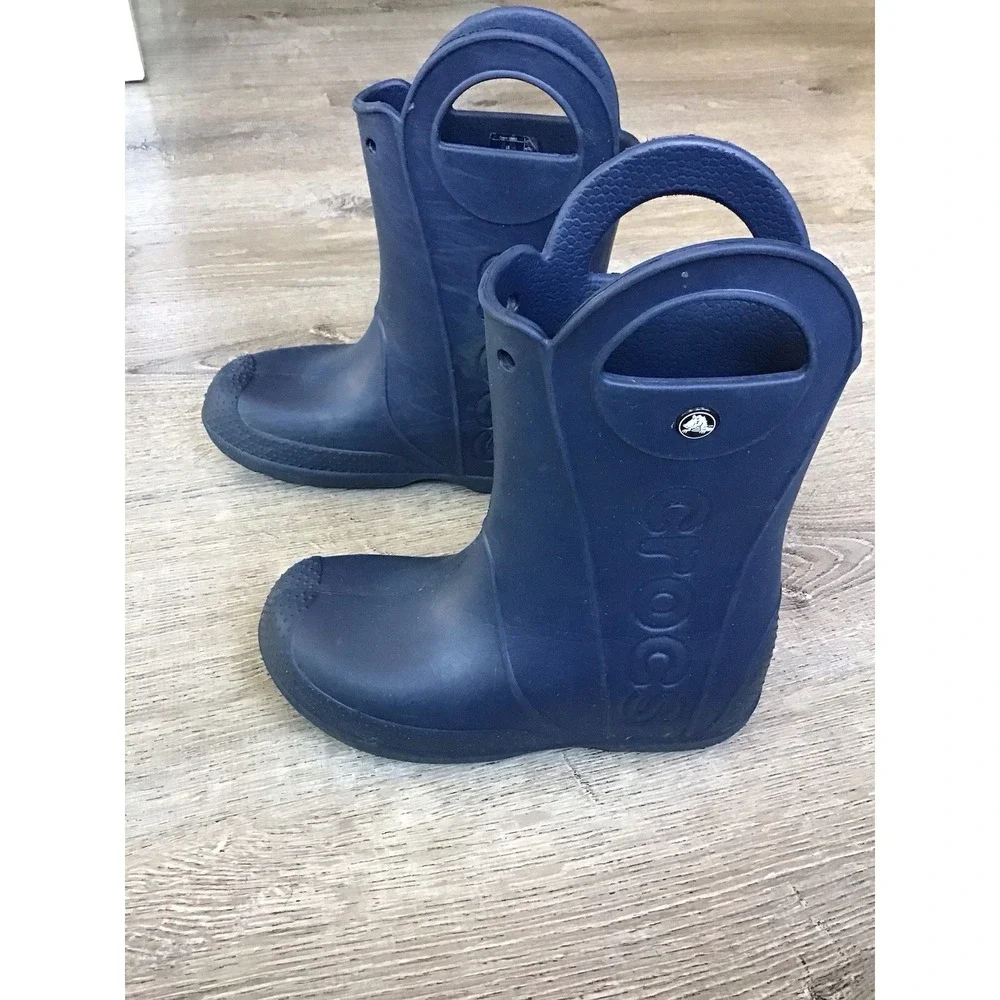 CROCS Handle It Rain Boots Child KIds Sz J3  Navy Blue Rubber Pull On Waterproof